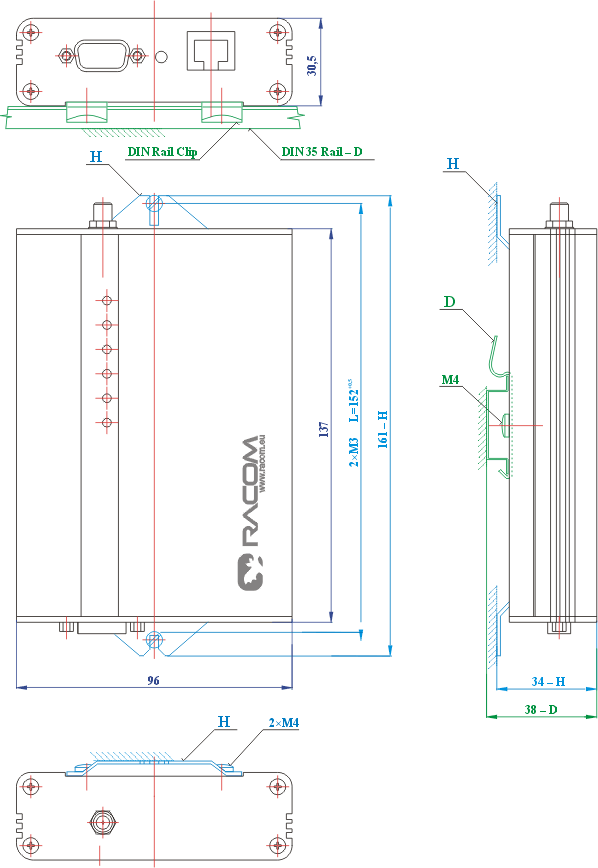 Mounting dimensions of the radio modem - version D and H