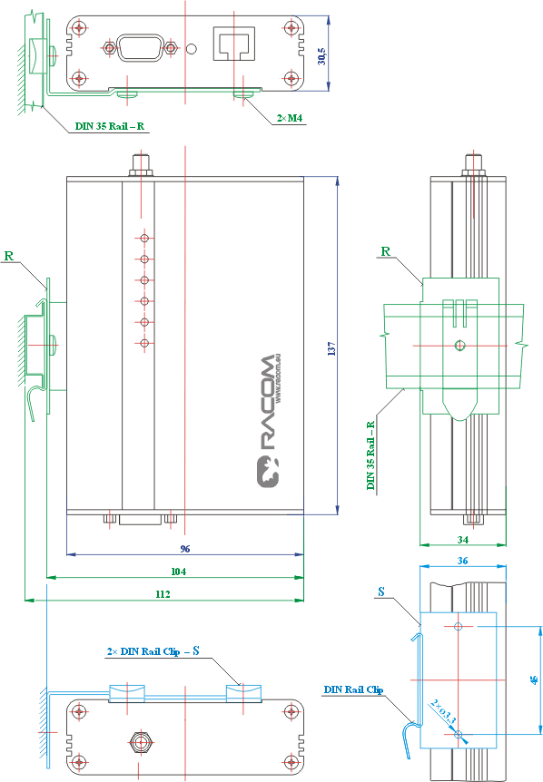  Montážní rozměry rádiového modemu - provedení R a S