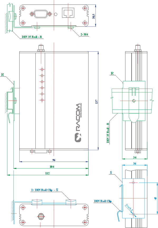  Mounting dimensions of the radio modem - version R and S