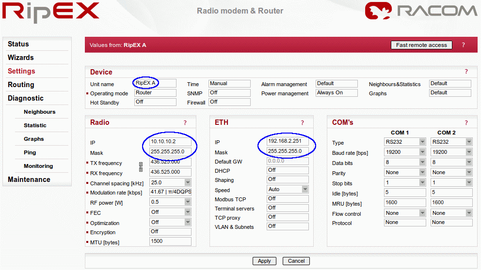 Nastavení jednotky RipEX A