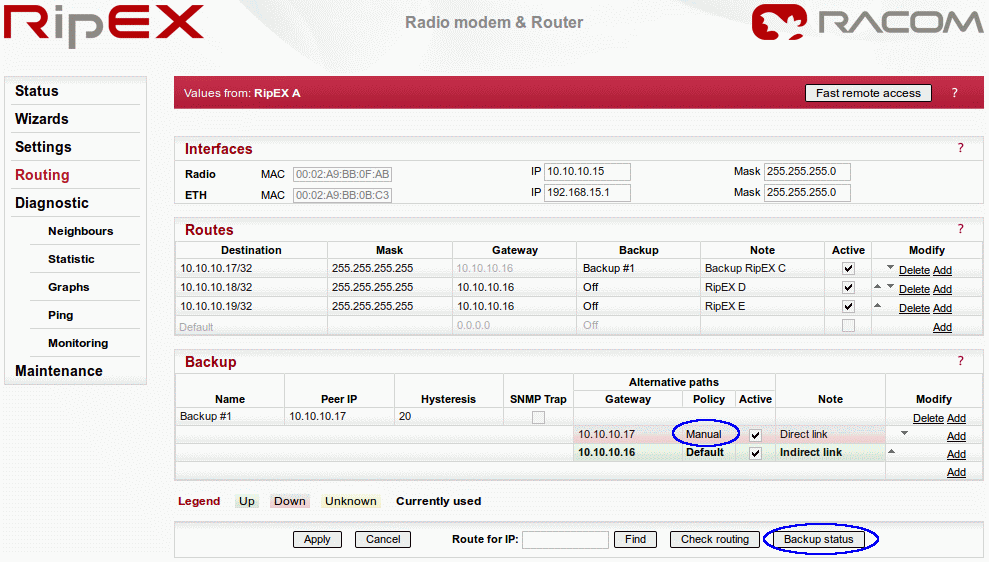 RipEX A – Backup path is Up