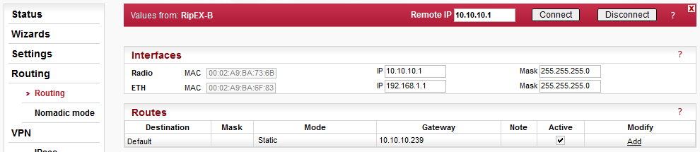 Remote RipEX units’ Routing menu