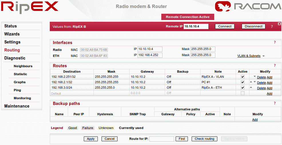 Routingová tabulka jednotky RipEX B