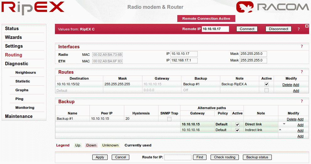 Menu Routing pro RipEX C – příklad č. 1