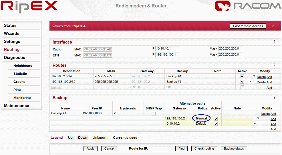 Menu Routing pro RipEX A – příklad č. 3