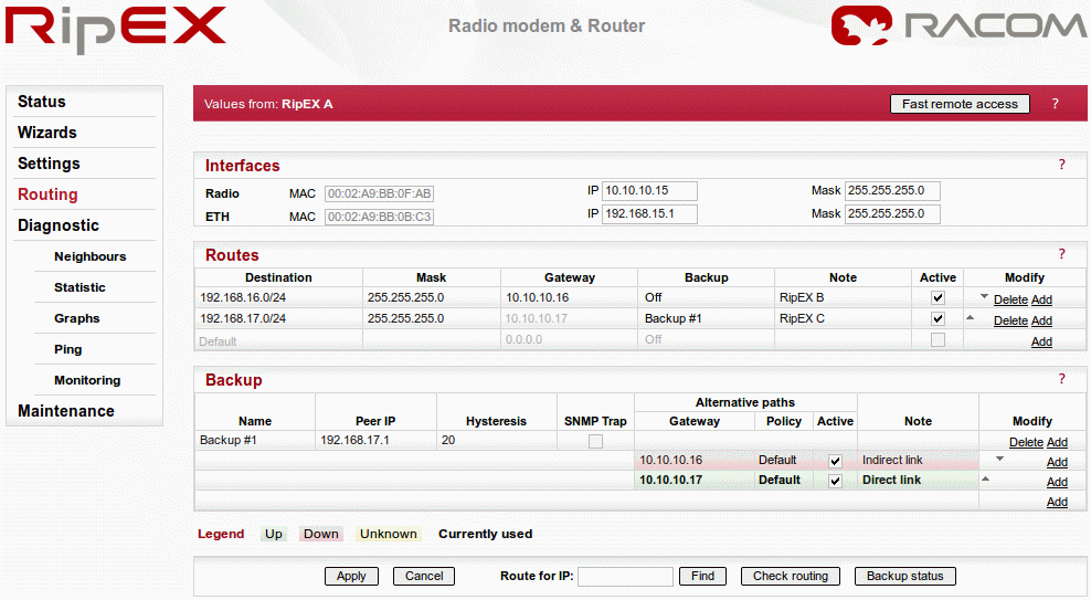 RipEX A routing menu – RipEX B vypnutý