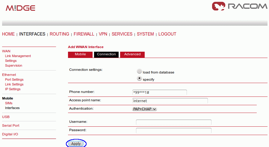 Specify the APN and access credentials