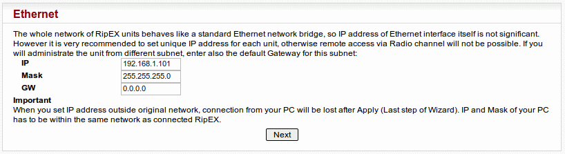 Wizard menu – IP address