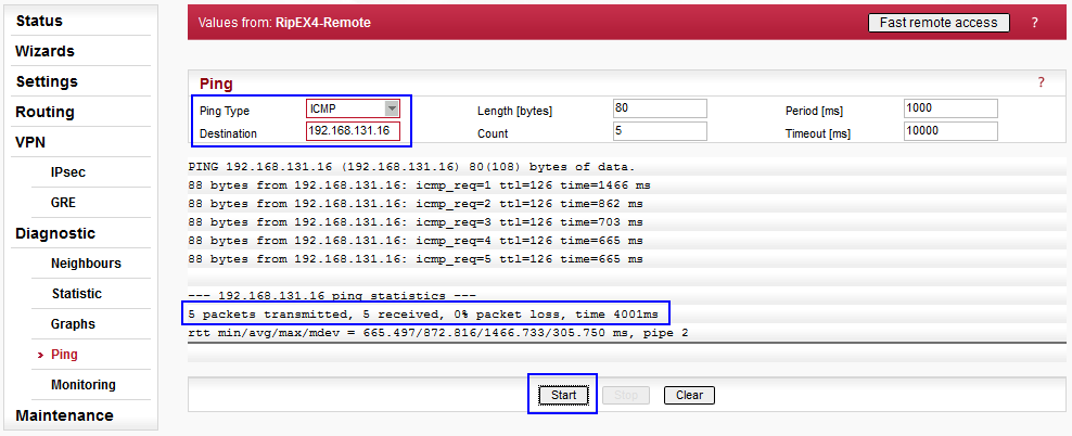 Ping from RipEX4-Remote to the server connected to the radio in the centre