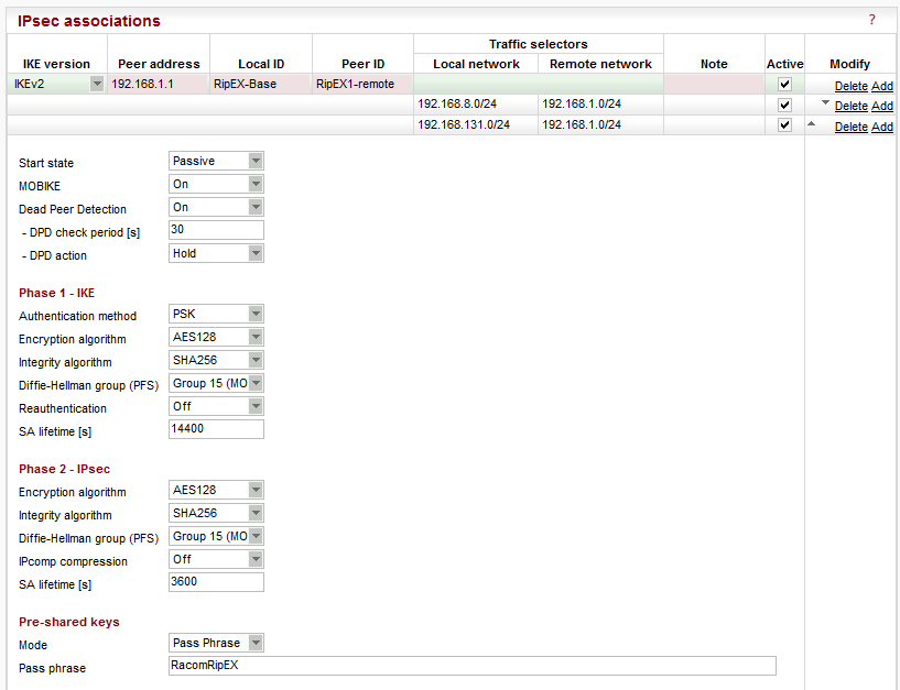 RipEX-Base IPsec association configuration #1