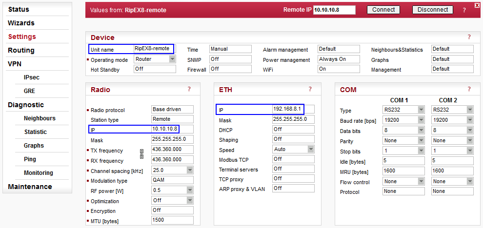 RipEX8-remote Settings