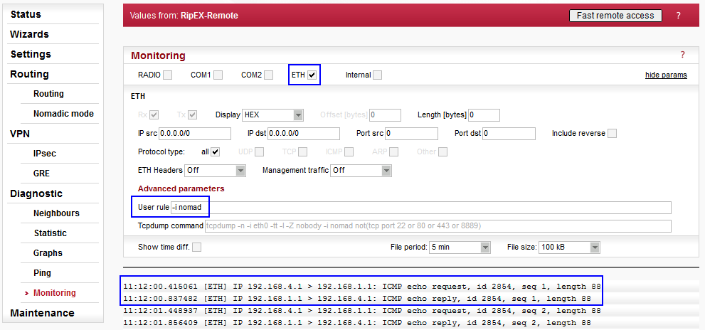 Remote unit – Monitoring of the nomadic interface (via ETH)