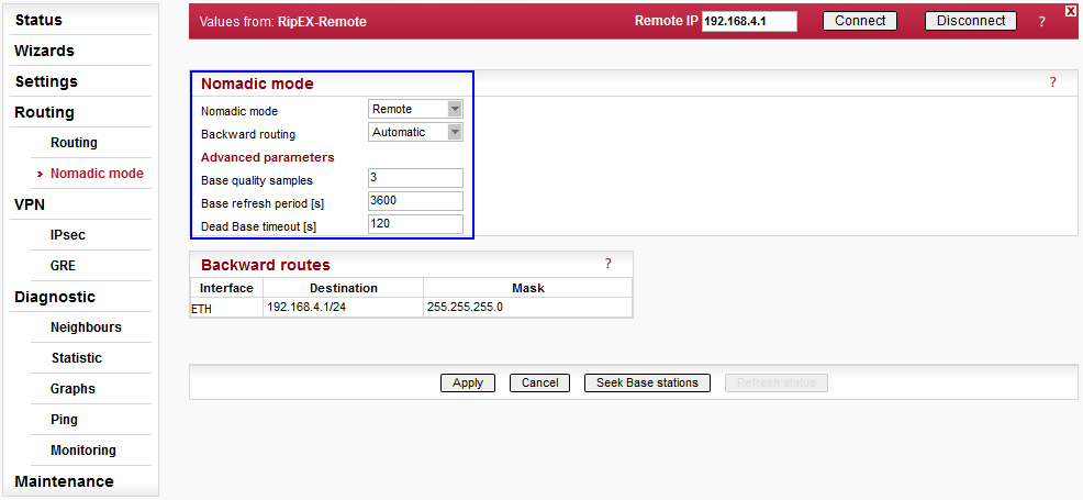 Menu Nomadic mode - Remote