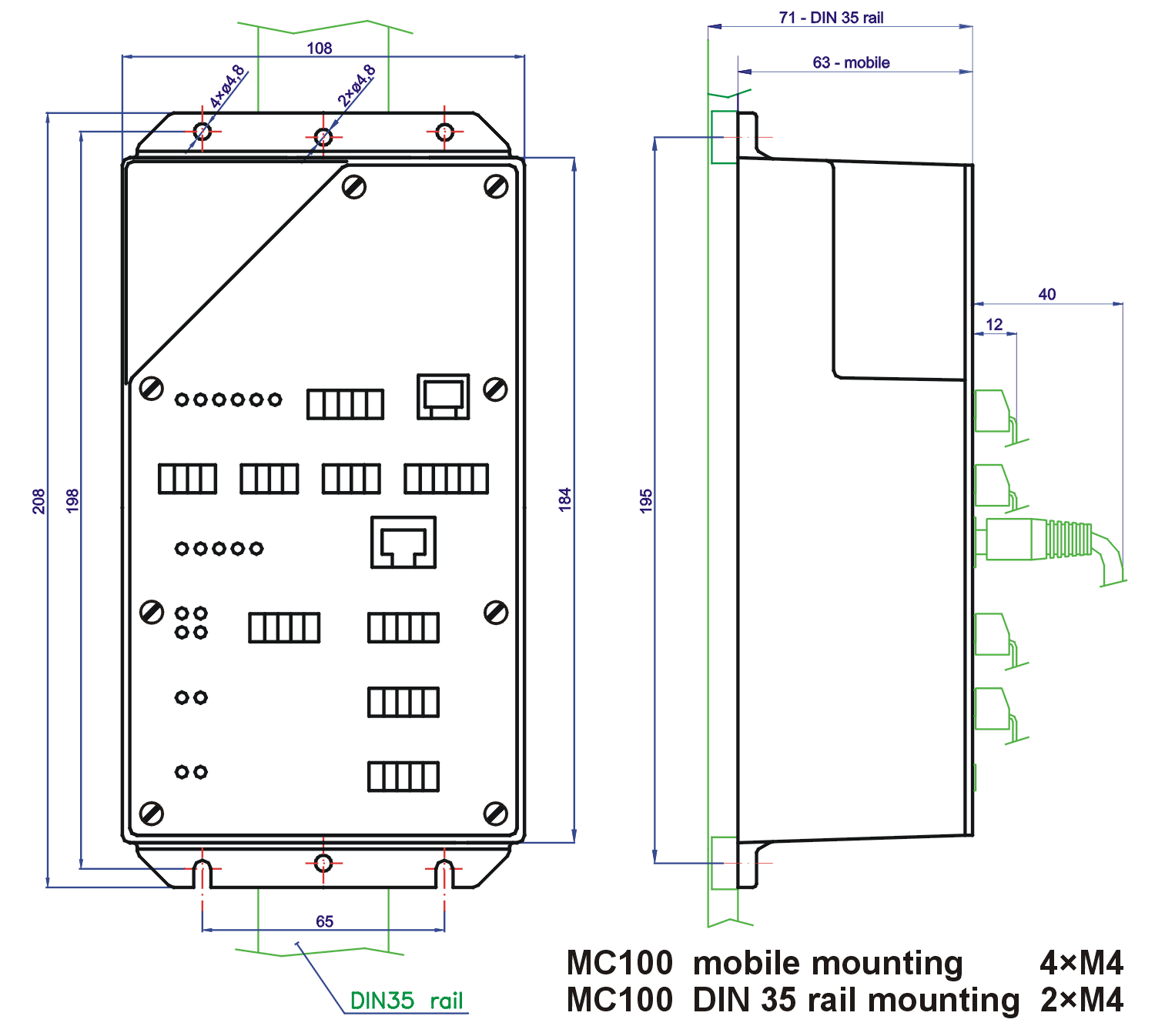 Mounting dimensions of the controler MC100