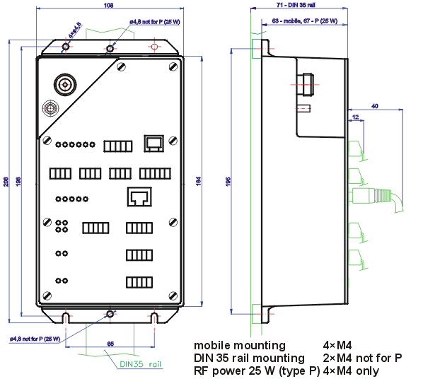 Mounting dimensions of the radiomodem MD400, MD300 and MD160