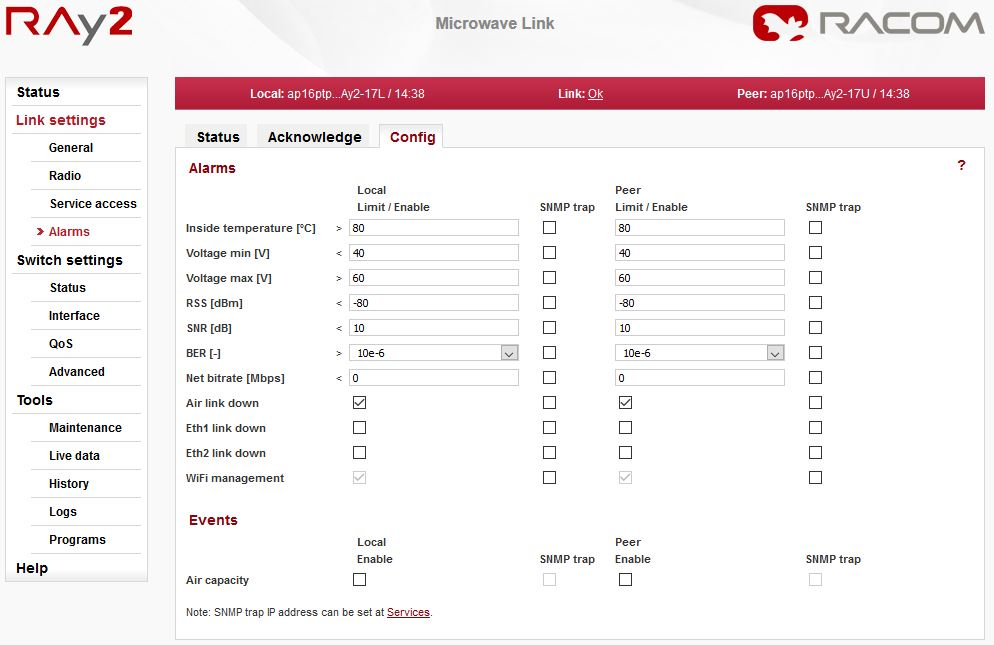 Alarm Config screen