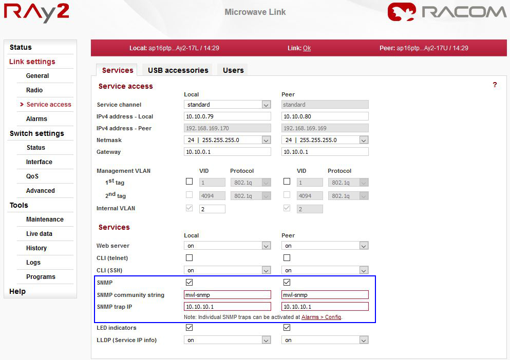 RAy2 SNMP settings