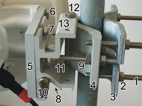 Close up image of the mounted bracket showing numbered parts