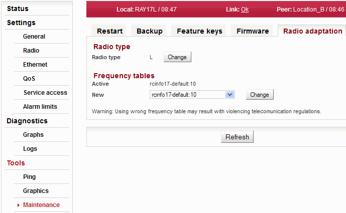 Configuration menu Tools – Maintenance – Radio adaptation