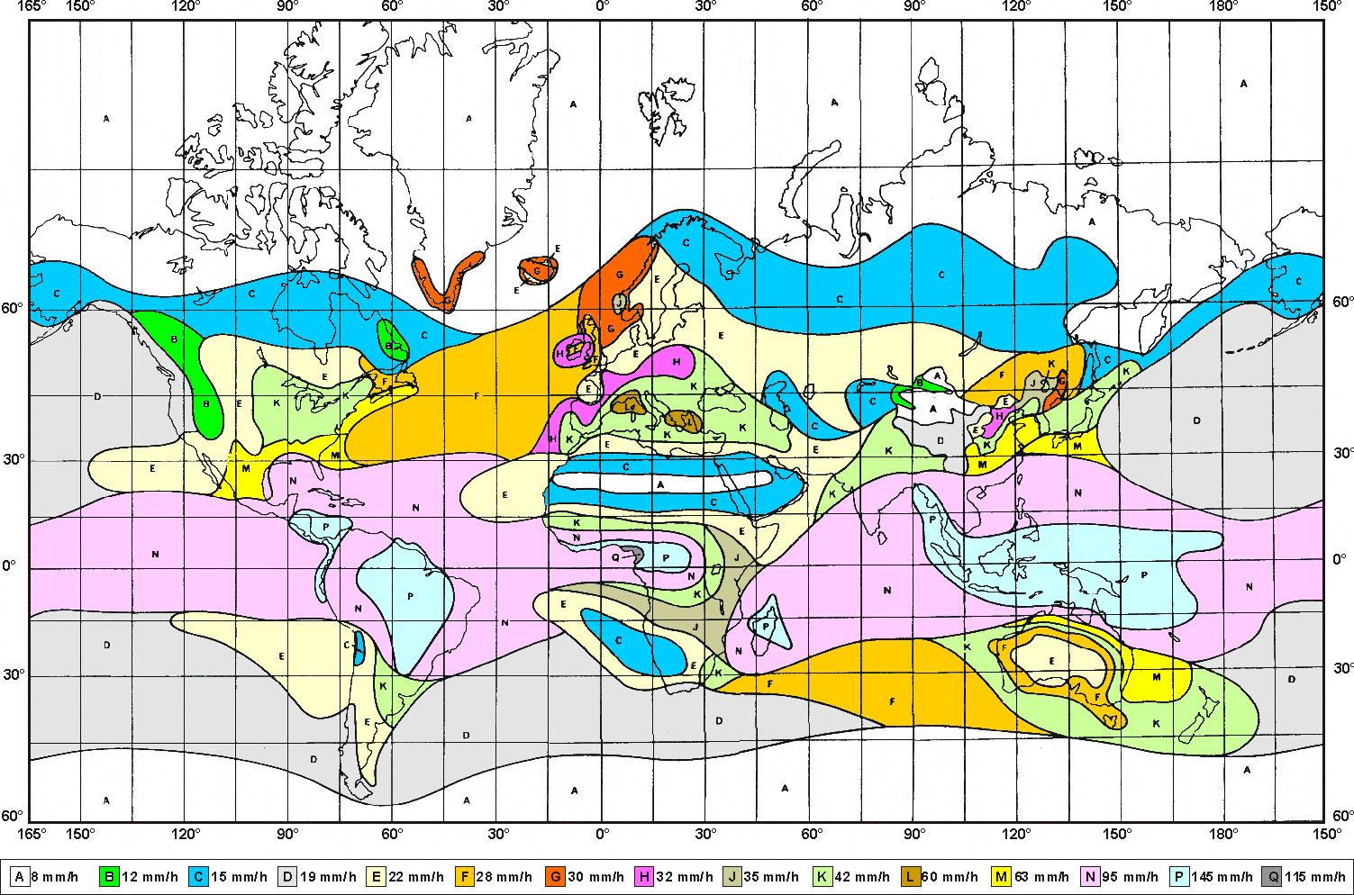 Mapa dešťových zón podle Rec.ITU-R PN.837-1