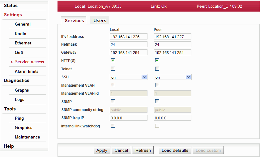 Konfigurační menu Settings – Service access – Services