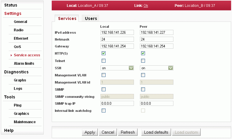 Configuration menu Settings – Service access – Services