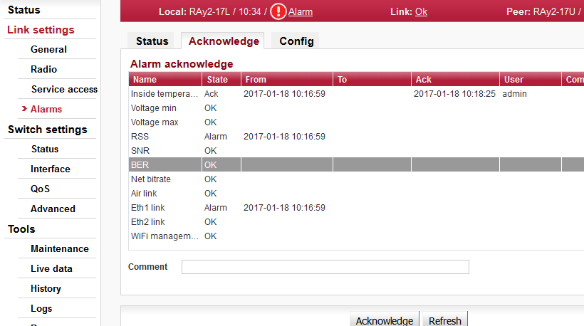 Link settings – Alarms – Acknowledge