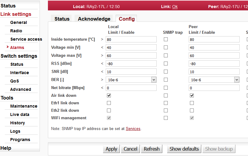 Link settings – Alarms – Config