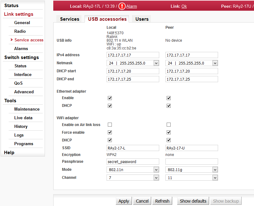 Link settings – Service access – USB accessories