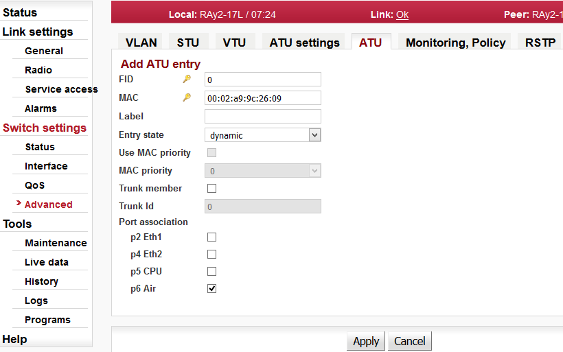 Switch settings - Advanced - ATU - edit, konfigurace jedné položky