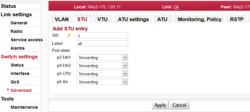 Switch settings - Advanced - STU - edit, konfigurace jedné položky