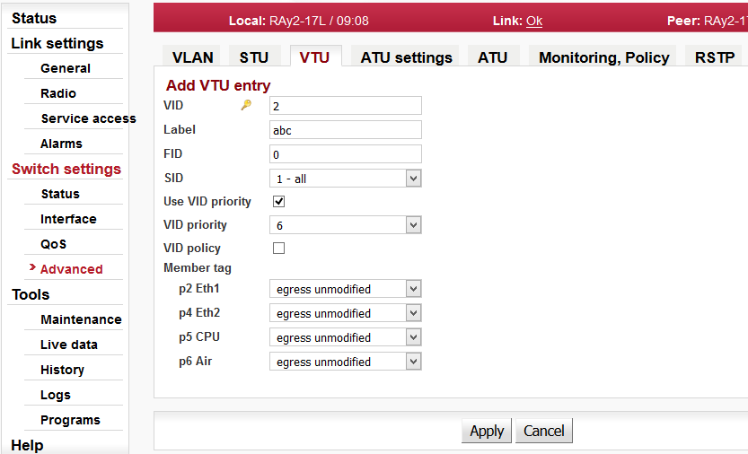 Switch settings - Advanced - VTU - edit, konfigurace jedné položky
