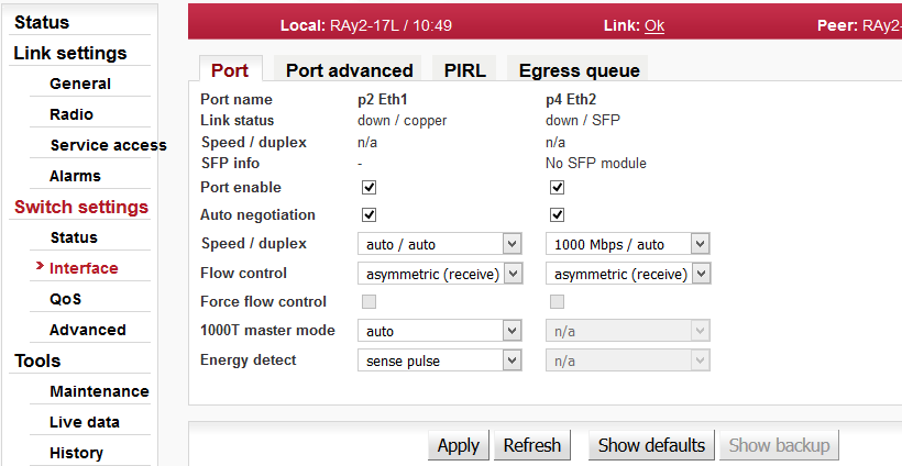 Switch settings - Interface - Port