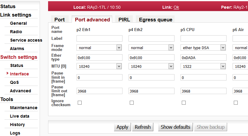 Switch settings - Interface - Port advanced