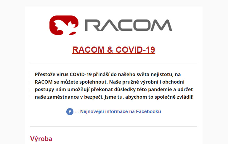 RACOM & COVID-19, Výroba, Podporujeme partnery, Naši zaměstnanci, Vládní nařízení...