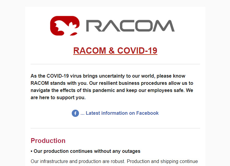 RACOM and COVID-19, Production, Supporting others, RACOM employees, Government...
